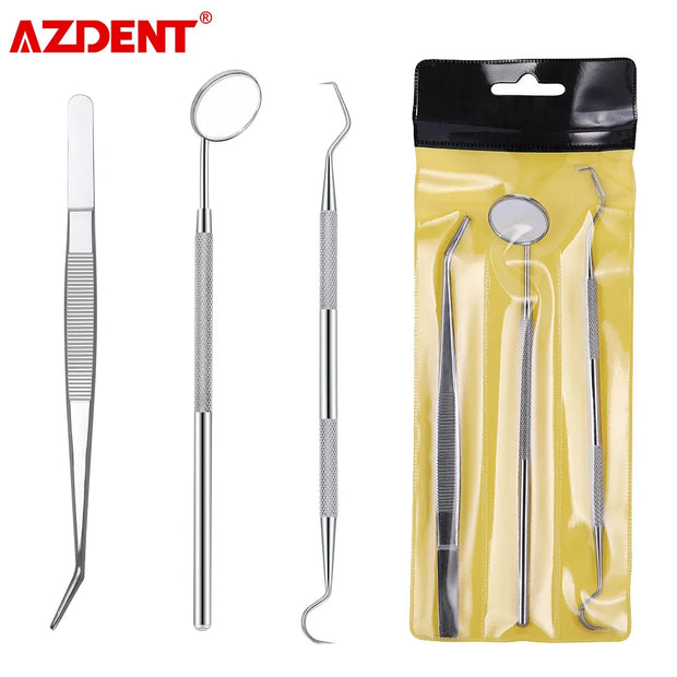 AZDENT 3pcs/Kit Dental Oral Cleaning Tool Kit Dental Stainless Steel Mouth Mirror Tweezers Elbow Probe Dentist Instrument