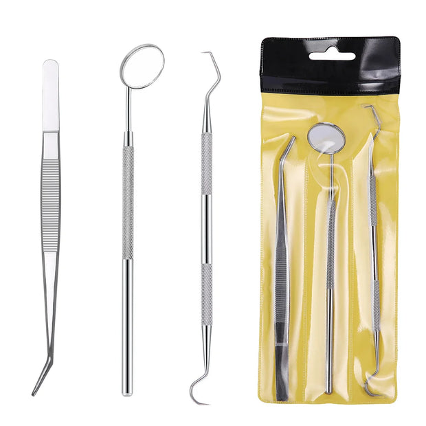 AZDENT 3pcs/Kit Dental Oral Cleaning Tool Kit Dental Stainless Steel Mouth Mirror Tweezers Elbow Probe Dentist Instrument