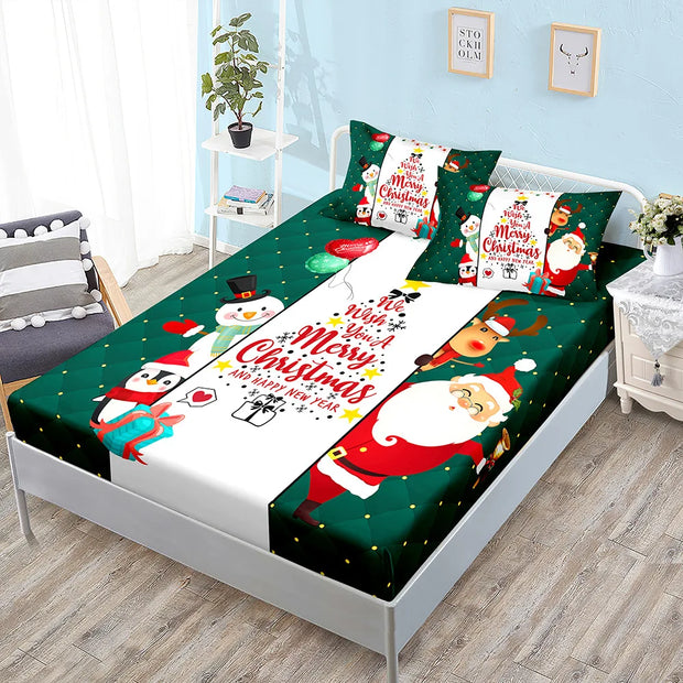 Christmas Fitted Sheet Set Cartoon Santa Claus Mattress Cover With Elastic Twin Full Queen King Size For Kids Boys Bed Linen