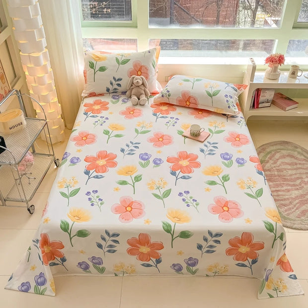 Botanical Floral Flat Sheet Set Kawaii Butterfly Print Bed Sheet with 2 Pillowcase, Cotton Sheets Set Farmhouse Style Bed Cover