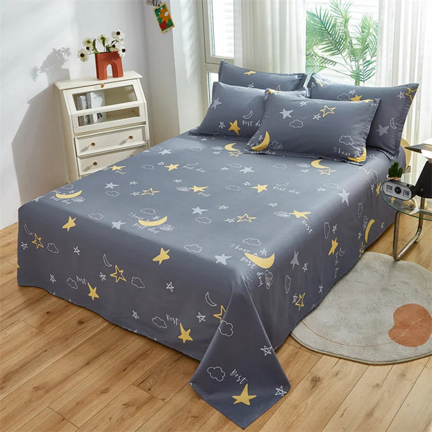 Cartoon Star Flat Sheet Twin Kawaii Yellow Stars Bed Sheet Set For Child Teen Room Decor Soft Cotton Bed Cover with 2 Pillowcase