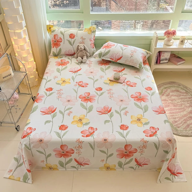 Botanical Floral Flat Sheet Set Kawaii Butterfly Print Bed Sheet with 2 Pillowcase, Cotton Sheets Set Farmhouse Style Bed Cover