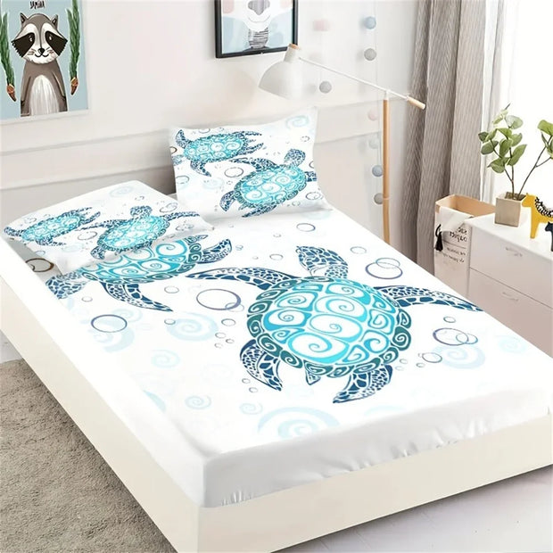 Fashion Style Sea Turtle Print Fitted Sheet Set Mattress Covers Comfortable Breathable Bedding Set With Deep Pocket for Bedroom