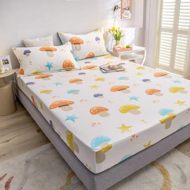 Mushroom Fitted Sheet with 2 Pillowcases Kawaii Star Print Bed Sheet Set Queen for Boys Girls Botanical Deep Pocket Bed Cover