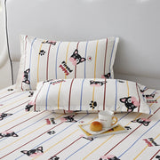 Cartoon Dog Flat Sheet Twin Queen Kawaii Bulldog Puppy Bed Sheet Set 100% Cotton Stripe Paw Print Bed Cover with 2 Pillowcase