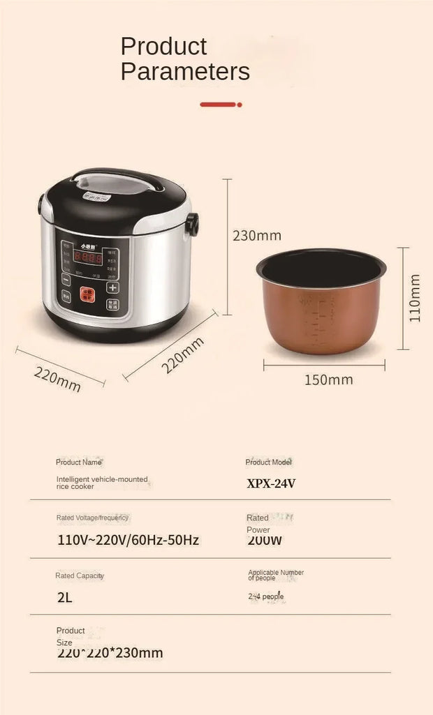 12V 24V Mini Rice Cooker Car Truck Soup Porridge Cooking Machine Food Steamer Heating Lunch Box Meal Heater Warmer 2L