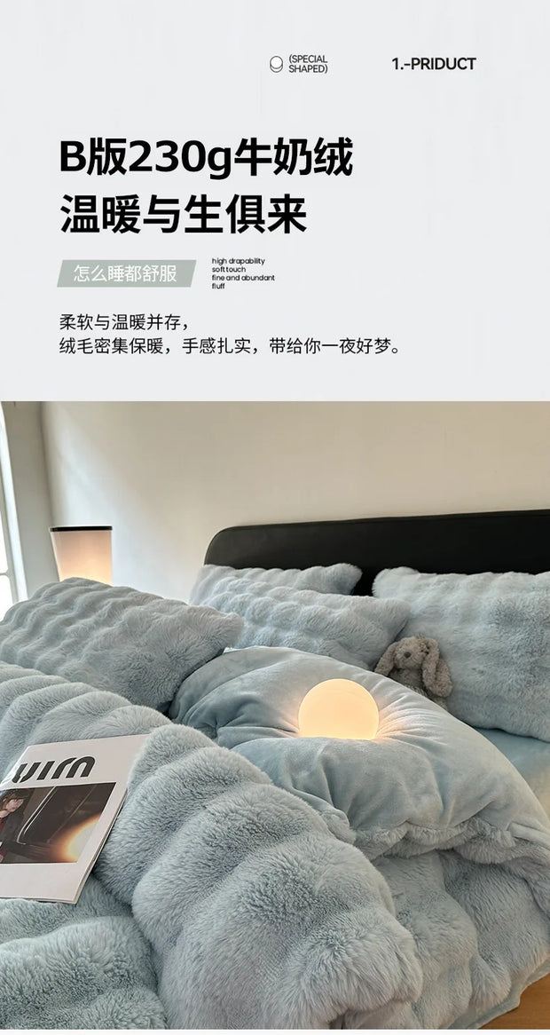 Rabbit Fleece Four-piece Set Milk Fleece Bed Sheet Quilt Cover Winter Thickened Flannel Fleece Double Single Bed Three-piece Set