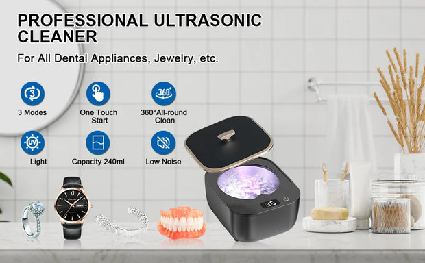 Portable Ultrasonic Cleaner Denture Braces Cleaning 18W High Power 47KHz Ultrasound Washing Noiseless Cleaning Machine for Home