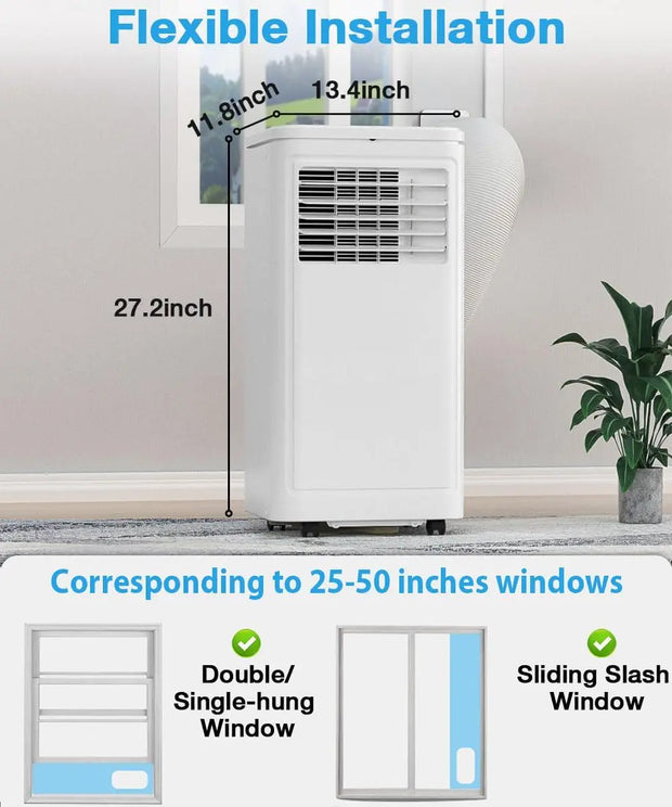 Draagbare airconditioner, 8000 BTU voor ruimte tot 350 vierkante voet, draagbare airconditioner met luchtontvochtiger en ventilator, 2 ventilatorsnelheden, 24-uurs timer, afneembaar