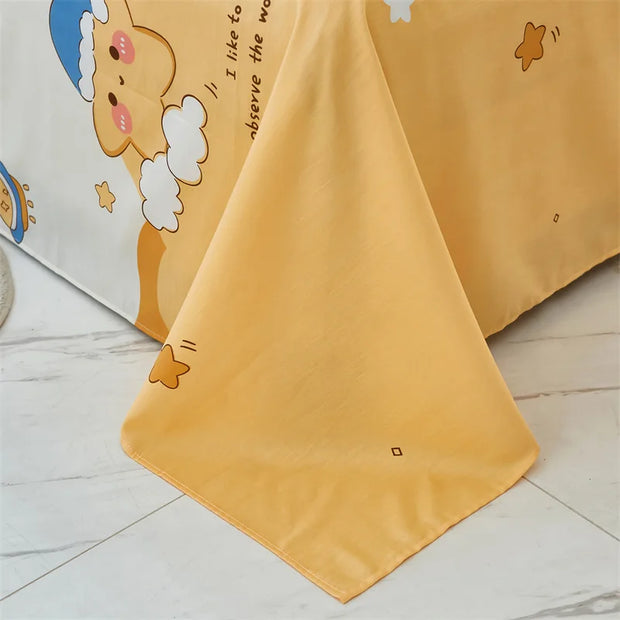 Cartoon Star Flat Sheet Twin Kawaii Yellow Stars Bed Sheet Set For Child Teen Room Decor Soft Cotton Bed Cover with 2 Pillowcase