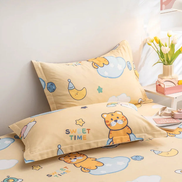 Cotton Cute Tiger Bed Sheet Set Cartoon Flat Sheet with 2 Pillow Sham Twin Soft Comfortable Kawaii Rainbow Star Print Bed Cover