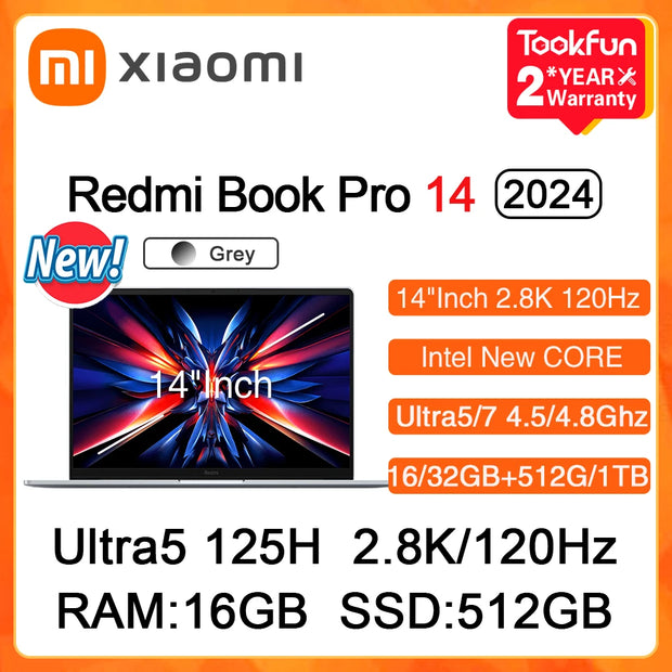 XIAOMI Redmi Book Pro 14 2024 Laptop Intel Ultra5 125H 7 155H RAM 32GB SSD 1TB 14"Inch 2.8K 120Hz Notebook Ultrabook Computer PC