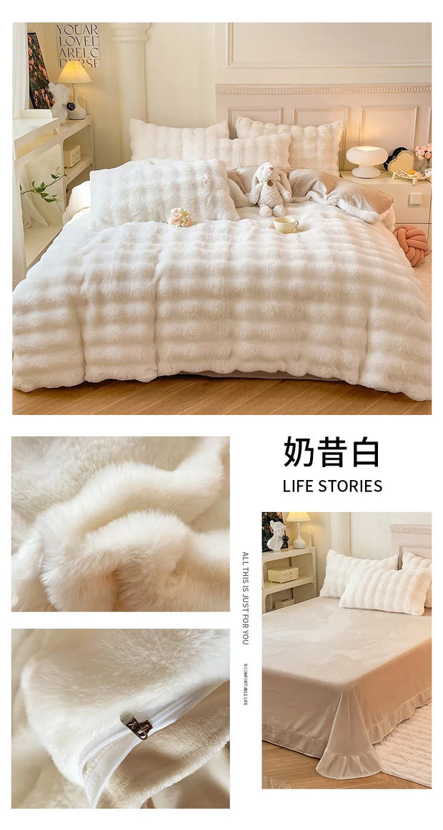 Rabbit Fleece Four-piece Set Milk Fleece Bed Sheet Quilt Cover Winter Thickened Flannel Fleece Double Single Bed Three-piece Set