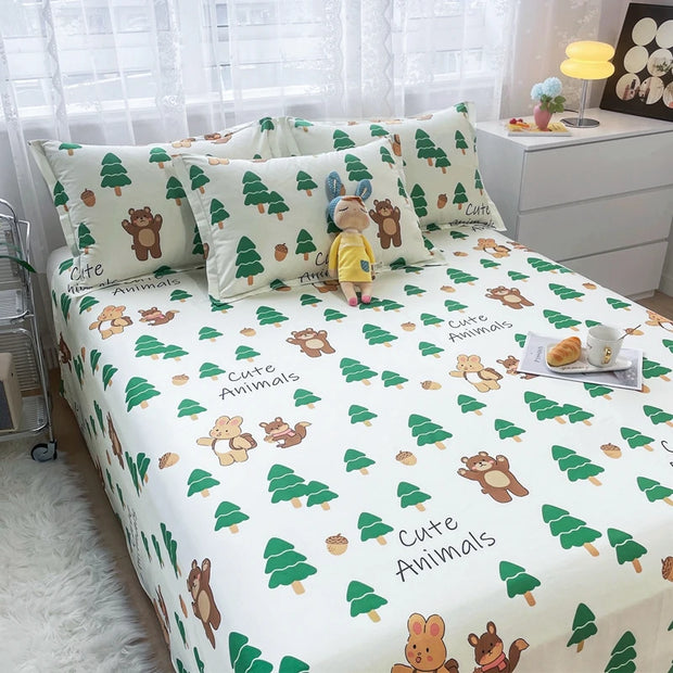 Cartoon Dog Flat Sheet Twin Queen Kawaii Bulldog Puppy Bed Sheet Set 100% Cotton Stripe Paw Print Bed Cover with 2 Pillowcase