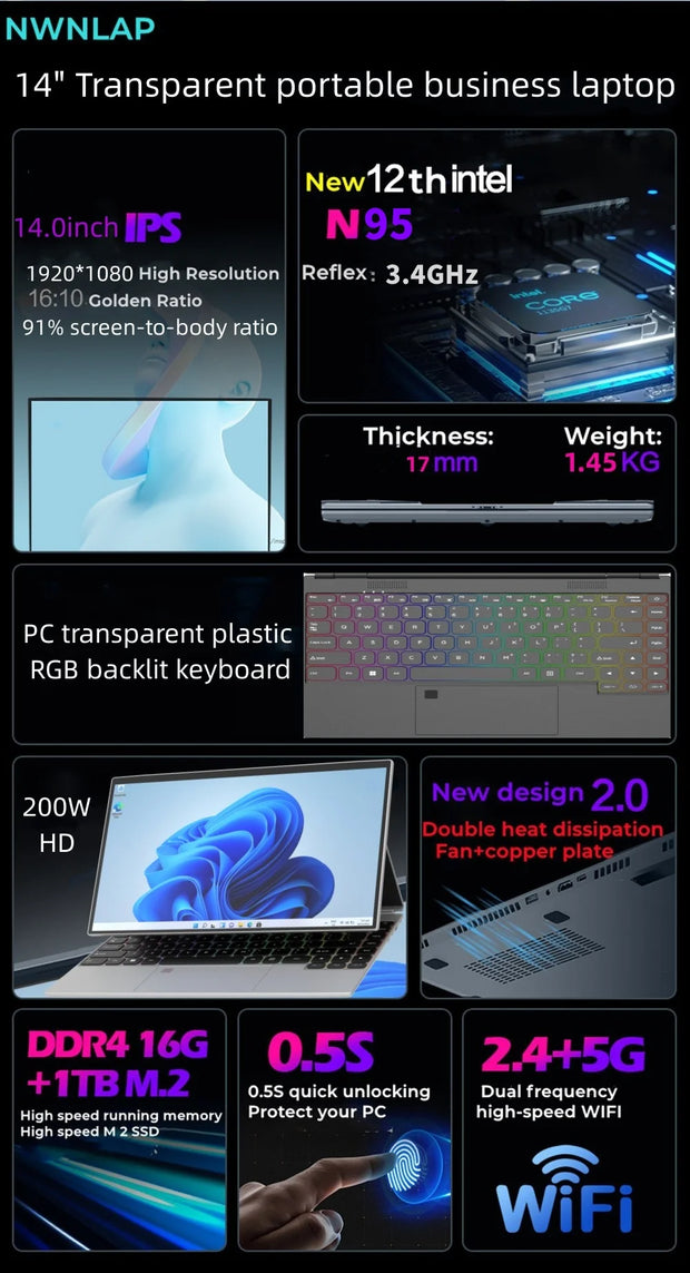 360° Rotating 14.0'' IPS Touch Screen 32G 128G-1T Laptop N95 Windows 11 Notebook 4 In 1 Tablet Business Office Slim Touch ID RGB