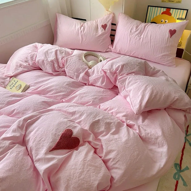 White Duvet Cover Set with Heart Ins Korean Pink Boys Girls New Flat Bed Sheet Pillowcases No Filler Twin Queen Size Bed Linens