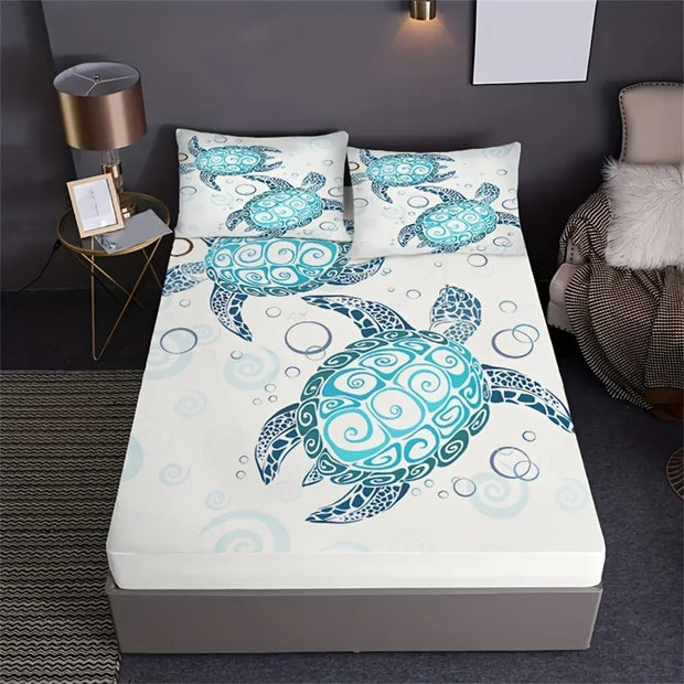 Fashion Style Sea Turtle Print Fitted Sheet Set Mattress Covers Comfortable Breathable Bedding Set With Deep Pocket for Bedroom