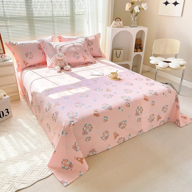 Kawaii Strawberry Flat Sheet with 2 Pillow Cases Girls Cotton Pink Bed Sheet Set Queen Size Farmhouse Style Cute Fruit Bed Cover