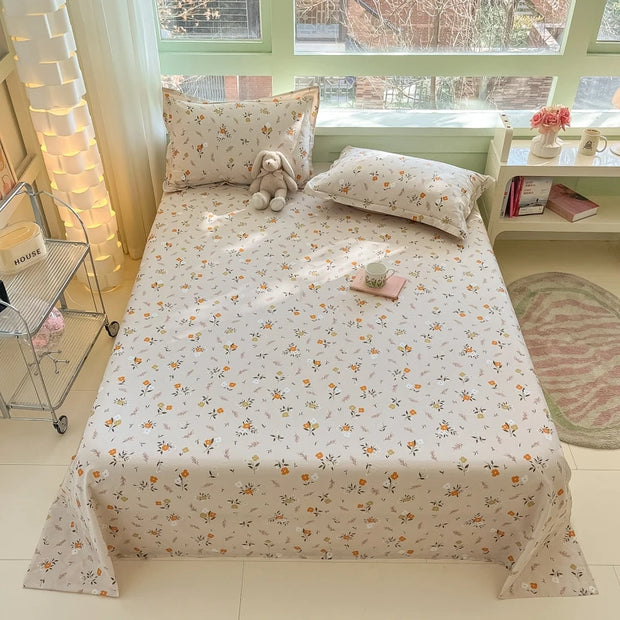 Botanical Floral Flat Sheet Set Kawaii Butterfly Print Bed Sheet with 2 Pillowcase, Cotton Sheets Set Farmhouse Style Bed Cover