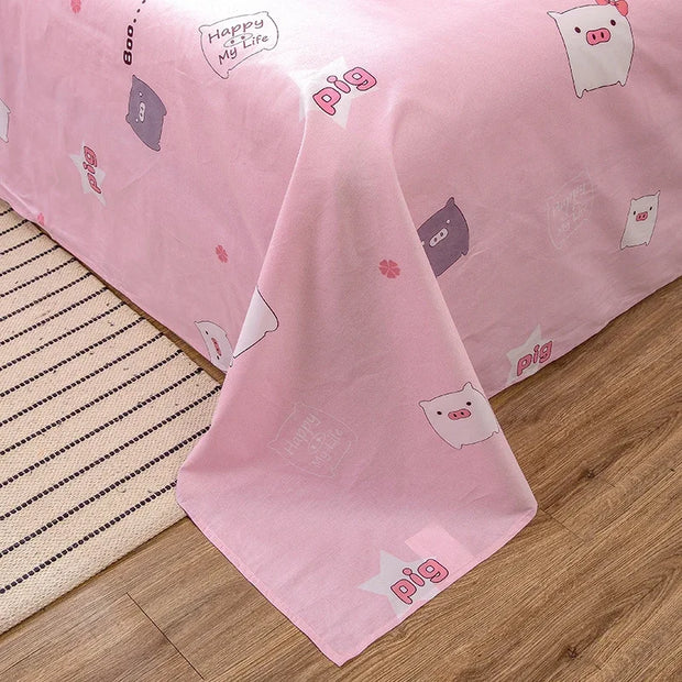 Kawaii Cartoon Pig Flat Sheet Twin Queen for Boy Girl Teen Room Decor Pink Bed Sheet Set 100% Cotton Bed Cover with 2 Pillowcase