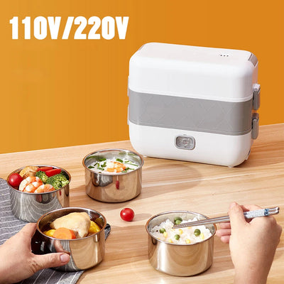 110V/220V Electric Rice cooker Portable Heating Lunch Box with 2/4 Stainless Steel Liner Food Warmer Steamer for Home Office