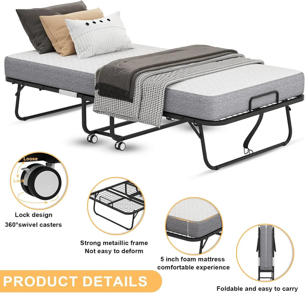 Folding Bed with Mattress Full Size Bed Frame Portable Foldable Roll Away Adult Bed for Guest