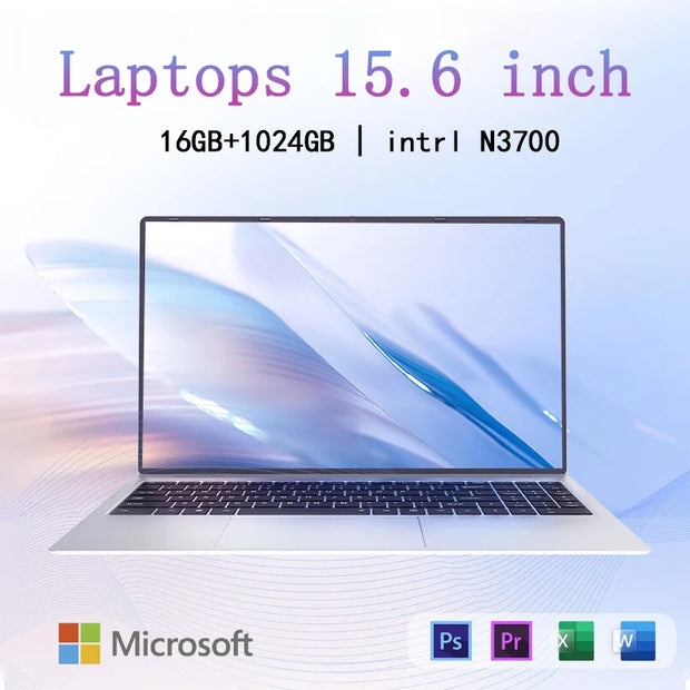 15.6 inch Laptop  Intel Pentium N3700 16GB RAM+2048GB ROM  Narrow Bezel Screen PC Windows 11 Office Entertainment Laptop