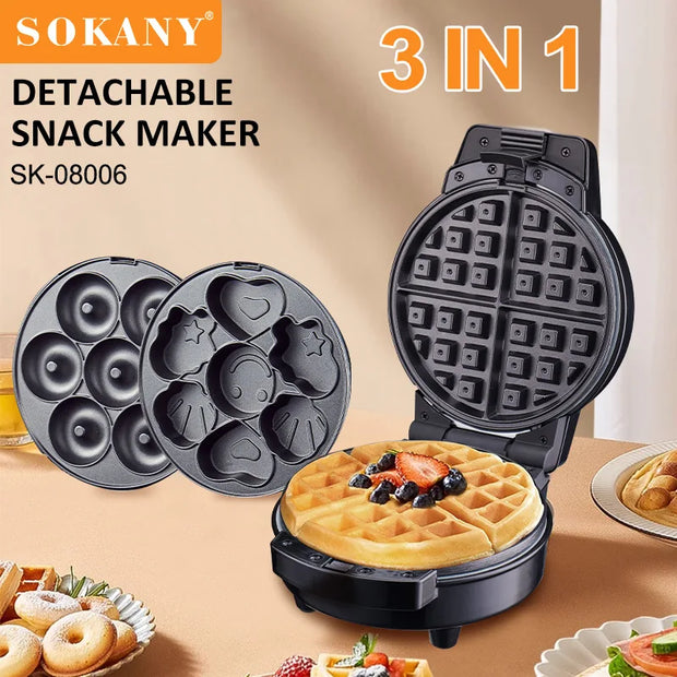 Sokany Hot Sale Automatic Non-stick Sandwich Maker Detachable 3 in 1 Waffle Donut Maker Cartoon Cake Maker