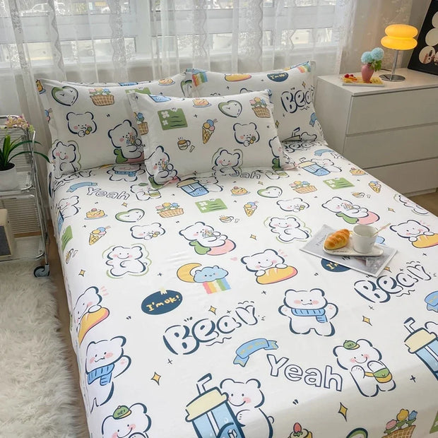 Cartoon Dog Flat Sheet Twin Queen Kawaii Bulldog Puppy Bed Sheet Set 100% Cotton Stripe Paw Print Bed Cover with 2 Pillowcase