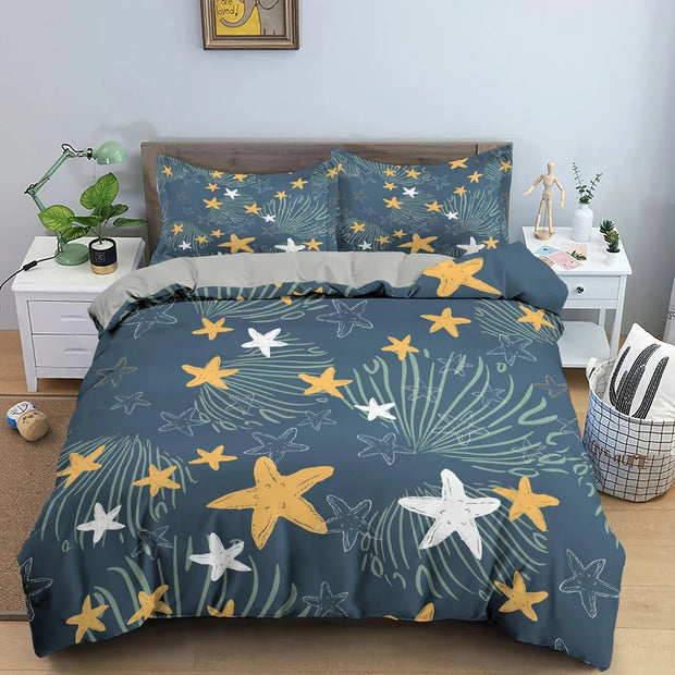 Starfish Seashell Duvet Cover Pillow Cases Bedding Set King Queen Twin Single Size Bed Set with Pillowcase No Sheet