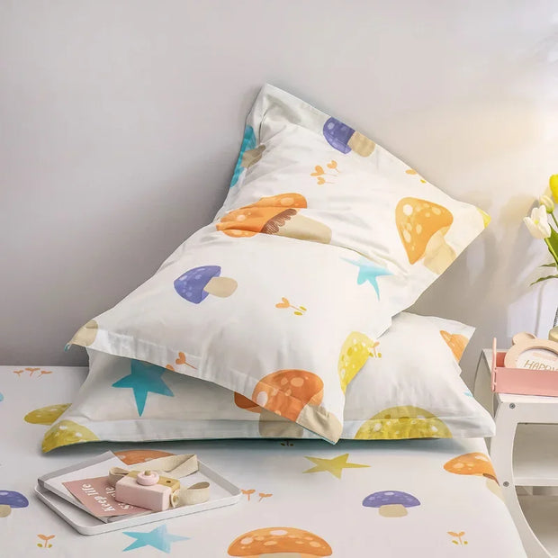 Mushroom Fitted Sheet with 2 Pillowcases Kawaii Star Print Bed Sheet Set Queen for Boys Girls Botanical Deep Pocket Bed Cover