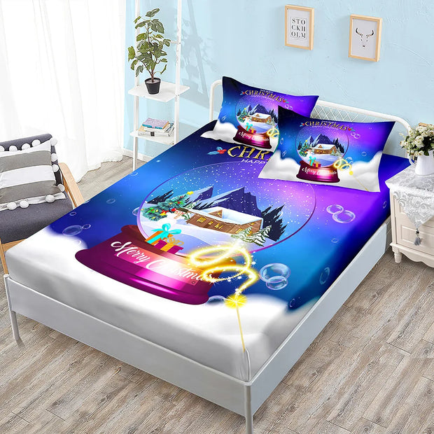 Christmas Fitted Sheet Set Cartoon Santa Claus Mattress Cover With Elastic Twin Full Queen King Size For Kids Boys Bed Linen