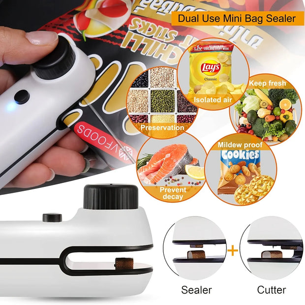 Rechargable 2 In 1 Bag Mini Heat Sealer, Storage Bag Plastic Package Snack Sealer Clip Bag Handheld Heat Sealer, Plastic Bag USB