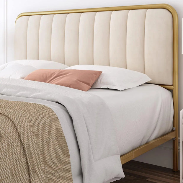 Full Size Bed Frame with Button Tufted Headboard, Upholstered Heavy Duty Metal Mattress Foundation with Wooden Slats