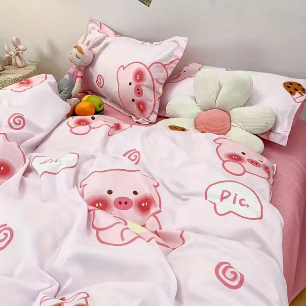 Cute Cherry Bedding Set No Filler Orange Bear Kawaii Duvet Cover Flat Sheet Pillowcase Boys Girls Twin Queen Bed Linen