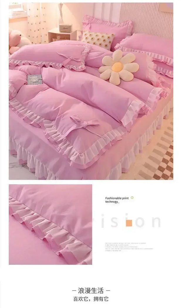 Cute Princess Style Pink Quilt Cover 4-piece Luxury Double Bed Bedding Four-piece Set Duvet Cover Bed Sheet Pillowcase