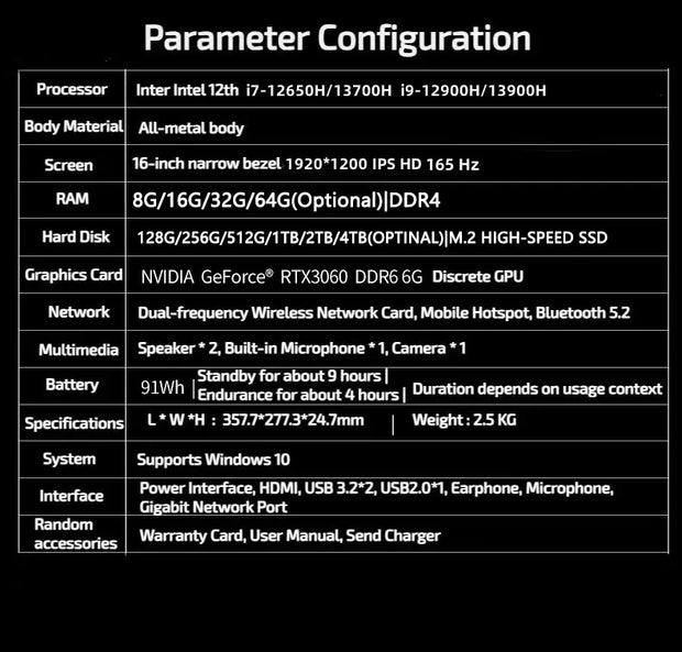 Intel Core i9-12900H Laptop NVIDIA RTX 3060 6G Notebook 16 inch Windows 1114 Cores 20 Threads 64GB DDR4 4TB SSD WiFi5 BT5.2 PC