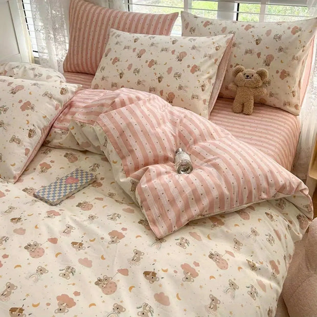 Cute Cherry Bedding Set No Filler Orange Bear Kawaii Duvet Cover Flat Sheet Pillowcase Boys Girls Twin Queen Bed Linen