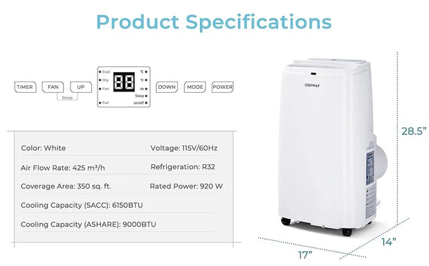 Portable Air Conditioner 9000 BTU, 3 in 1 Air Cooler with Fan & Dehumidifier, Quiet AC Unit Cools Rooms up to 350 sq.ft,