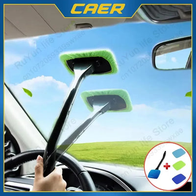 Car Window Cleaner Brush Kit Microfiber Windshield Cleaning Tool Auto Interior Glass Wash Wiper Long Handle Reusable Cloth Pad