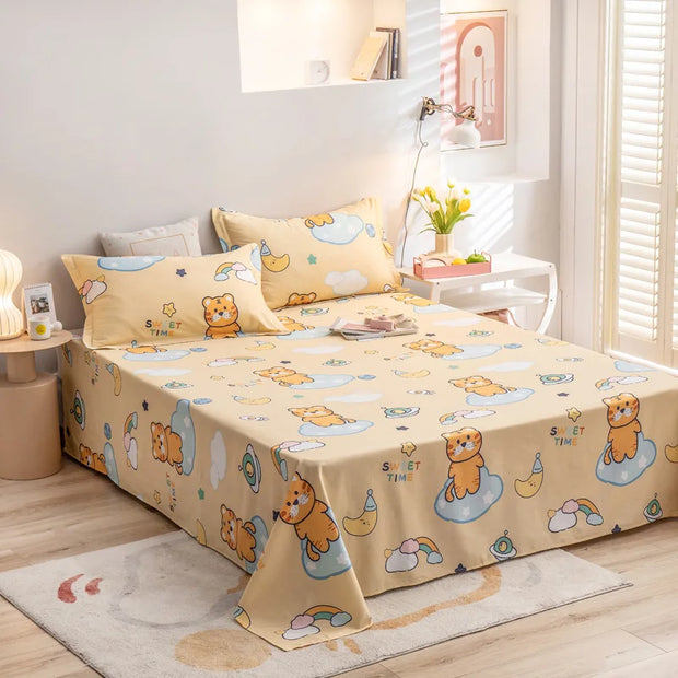 Cotton Cute Tiger Bed Sheet Set Cartoon Flat Sheet with 2 Pillow Sham Twin Soft Comfortable Kawaii Rainbow Star Print Bed Cover