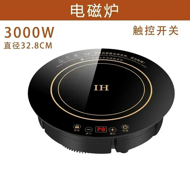 220V OREKI Electric Induction Cooktop with Built-in hob, Round Commercial Grade Cooker for Restaurants with 3000W High Power