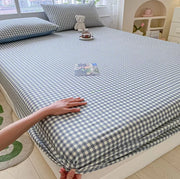 100% Cotton Elastic Bed Sheets Sets Plaid Print Fitted Sheet + 2pc Pillowcases Twin Full Queen King Cal-King Size Bed Cover B99G