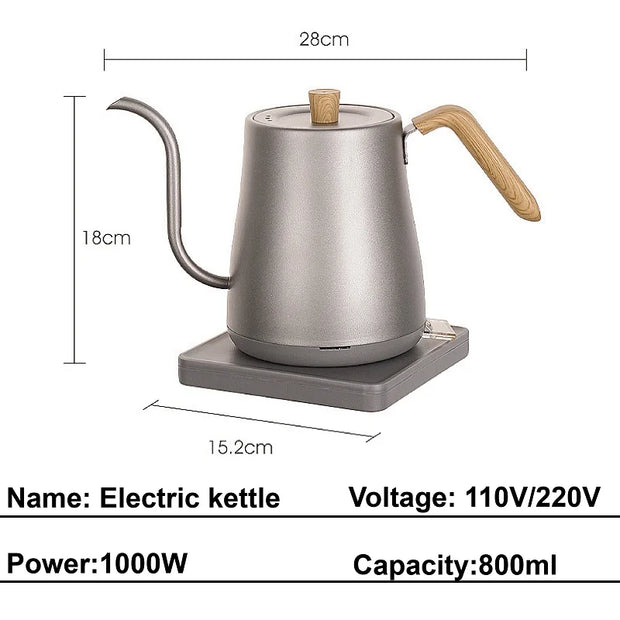 110V/220V Electric Kettle Hand Brew Coffee Pot Slender Mouth Pot Gooseneck Jug Teapot Home 304 Stainless Steel Kettle 1000W