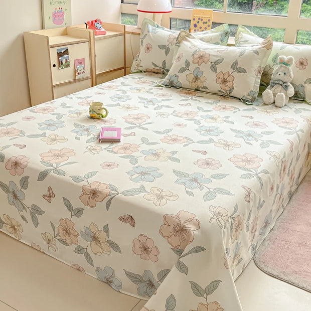 Botanical Floral Flat Sheet Set Kawaii Butterfly Print Bed Sheet with 2 Pillowcase, Cotton Sheets Set Farmhouse Style Bed Cover