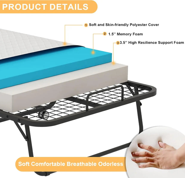 Folding Bed with Mattress Full Size Bed Frame Portable Foldable Roll Away Adult Bed for Guest