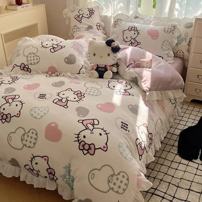 Sanrio Hello Kitty Kuromi cartoon cute warm plus velvet lace four-piece set creative student children's bed sheet quilt cover