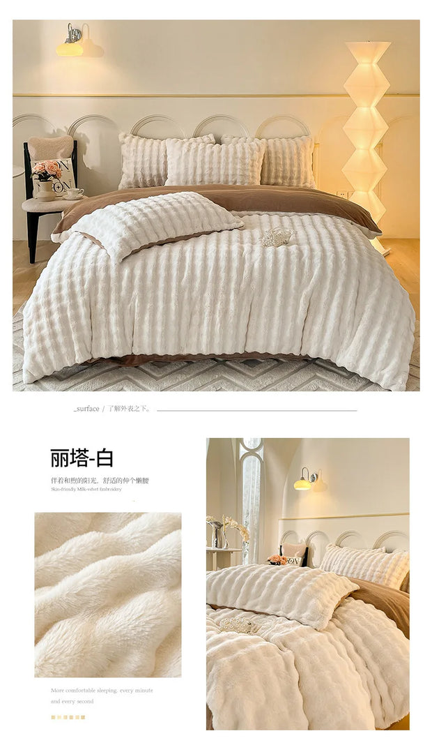 Rabbit Fleece Four-piece Set Milk Fleece Bed Sheet Quilt Cover Winter Thickened Flannel Fleece Double Single Bed Three-piece Set