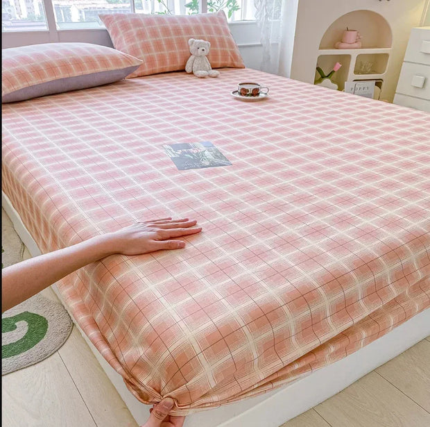 100% Cotton Elastic Bed Sheets Sets Plaid Print Fitted Sheet + 2pc Pillowcases Twin Full Queen King Cal-King Size Bed Cover B99G