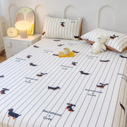 Funny Dachshund Fitted Sheet Set Art Lines Printed Household Anti Slip Mattress Cover Cotton Soft Bedding 3Pcs with Pillowcases